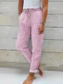 Λεπτομερής προβολή γυναικείου ριγέ casual παντελονιού από βαμβάκι και λινό με κορδόνι - S / Bottoms / Ροζ