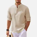 Camisa informal beige de punto gofrado para hombre con cuello mao y tapeta de botones - S / Tops / Albaricoque