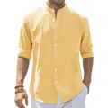 Camisa informal de hombre con cuello alto y manga larga de algodón y lino en color amarillo mostaza - S / Tops / Amarillo