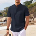 Men's navy blue short sleeve shirt with waffle texture and casual stand collar design - S / Navy Blue