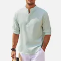 Camicia da uomo verde menta con collo alla coreana e maniche arrotolate - Taglia S / Verde chiaro