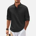 Camisa informal de hombre negra con cuello mandarín y textura de piña con mangas largas - S / Tops / Negro