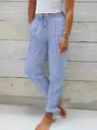 Λεπτομερής άποψη της γυναικείας casual λινής παντελόνας με μπλε και λευκές ρίγες - S / Bottoms / Μπλε