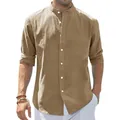 Men's slim fit cotton linen shirt with stand collar in khaki color, long sleeve variant - Camel