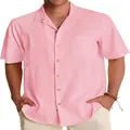 Men's casual pink Cuban collar short sleeve button-down cotton beach shirt - S / Tops / Pink