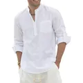 Camisa clásica de algodón y lino para hombre en color blanco con manga larga y cuello Henley - S / Tops / Blanco