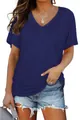 Close-up of navy blue V-neck short sleeve T-shirt with side ruching detail. - Navy Blue