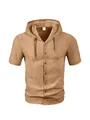 Men's casual khaki short sleeve hooded shirt with button-front design and breathable fabric - Earthy Yellow