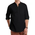 Camisa Henley de lino negro para hombre con manga larga y bolsillo en el pecho para verano - S / Tops / Negro