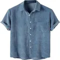Chemise classique à manches courtes pour hommes en velours côtelé bleu avec col à revers - S / Hauts / Bleu