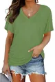 Casual olive green women's V-neck T-shirt with stylish side ruching and soft fabric - S / Tops / Green