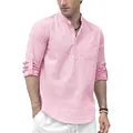 Camisa Henley informal de algodón y lino rosa para hombre con mangas largas - S / Tops / Rosa