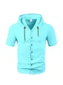 Casual men's short-sleeved hooded button-down shirt in breathable light blue fabric - Sky Blue