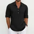 Men's stylish black linen texture casual henley shirt with collar and button detail - S / Tops / Black