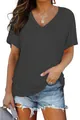Close-up of a women's dark grey V-neck short sleeve T-shirt with side ruching detail - S / Tops / Black