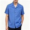Stylish men's blue short-sleeve casual shirt with Cuban collar and soft cotton texture - Sapphire Blue