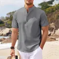 Camisa henley de manga corta gris para hombre con punto de gofre y cuello - S / Tops / Gris
