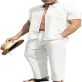 Men's white cotton-linen two-piece set with short sleeve button-up shirt and loose trousers - M / Top And Bottom / White