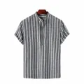Camicia da uomo a maniche corte a righe verticali con colletto alla coreana elegante - Taglia S / Top / Nero