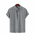 Camisa de hombre de manga corta con rayas verticales y cuello mandarín estilo casual - S / Tops / Negro
