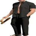 Men's cotton linen two-piece set with short sleeve beach shirt and loose pants in black - M / Top And Bottom / Black