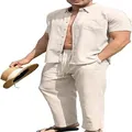 Men's casual beige linen two-piece set with short sleeve button shirt and loose pants. - M / Top And Bottom / Apricot