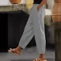 Detailed side profile of gray cotton linen casual trousers with elastic drawstring waist - S / Bottoms / Dark Gray