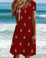Summer red scallop neck short sleeve dress with white anchor pattern shown at the beach - S / Top And Bottom / Red