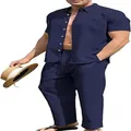 Casual navy blue men's two-piece set featuring short-sleeve linen shirt and drawstring pants - M / Top And Bottom / Dark Blue