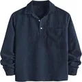 Polo de manga larga de pana azul marino retro para hombre con bolsillo - S / Tops / Azul