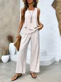 Two-piece set with sleeveless double-layer tank top and elegant wide-leg trousers in beige. - S / Top And Bottom / Apricot