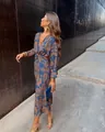 Robe longue élégante à imprimé floral bleu et col en V pour femme, mode d'automne chic style - S / Haut Et Bas / Bleu foncé