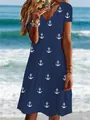 Casual navy blue short sleeve dress with white anchor print and scalloped V-neckline. - S / Top And Bottom / Blue