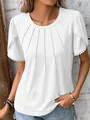 Elegant white women's T-shirt featuring pleated round neck and lace trim details. - White