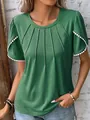 Detail view of green pleated round neck t-shirt with lace trim on sleeves - S / Tops / Green
