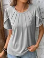 Detail view of grey pleated crew neck t-shirt with delicate white lace trim sleeves - S / Tops / Gray
