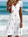 Summer white short sleeve dress featuring blue anchor print and scallop wavy V-neckline - S / Top And Bottom / White