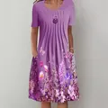 Macro detail showing the floral print and side pocket on this purple round neck dress. - S / Top And Bottom / Purple Butterfly Floral
