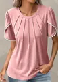 Detailed view of pink pleated T-shirt with white pom-pom lace trim on short sleeves - Red