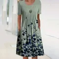 Close-up detail of a sage green midi dress featuring a navy floral print and side pockets. - Green Background Navy Blue Floral