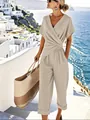 Combinaison élégante beige à col en V et manches courtes pour le style de vacances d'été. - S / Haut Et Bas / Beige