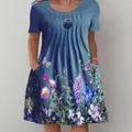 Women's blue floral print round neck midi dress with short sleeves and pockets - Blue Butterfly Flower
