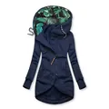 Detalle de sudadera con capucha azul marino para mujer con forro de estampado tropical - S / Tops / Azul marino