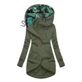 Detail view of army green zip-up hoodie with tropical leaf print lining. - Army Green