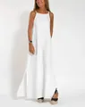 Detailed view of white cotton linen slit maxi dress with halter straps - S / Tops / White