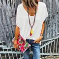 Casual summer outfit featuring a white V-neck short-sleeve T-shirt and bohemian accessories - S / Tops / White