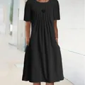 Elegant black solid color midi dress featuring chest pleats and practical side pockets. - Black