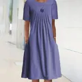 Detailed view of women's purple short sleeve pleated midi dress with pockets - S / Tops / Purple