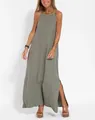 Full length view of casual olive green linen halter maxi dress with side slit detail - S / Tops / Army Green