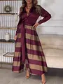 Elegant burgundy long sleeve maxi dress with striped patchwork skirt and tie waist - S / Top And Bottom / Wine Red Striped